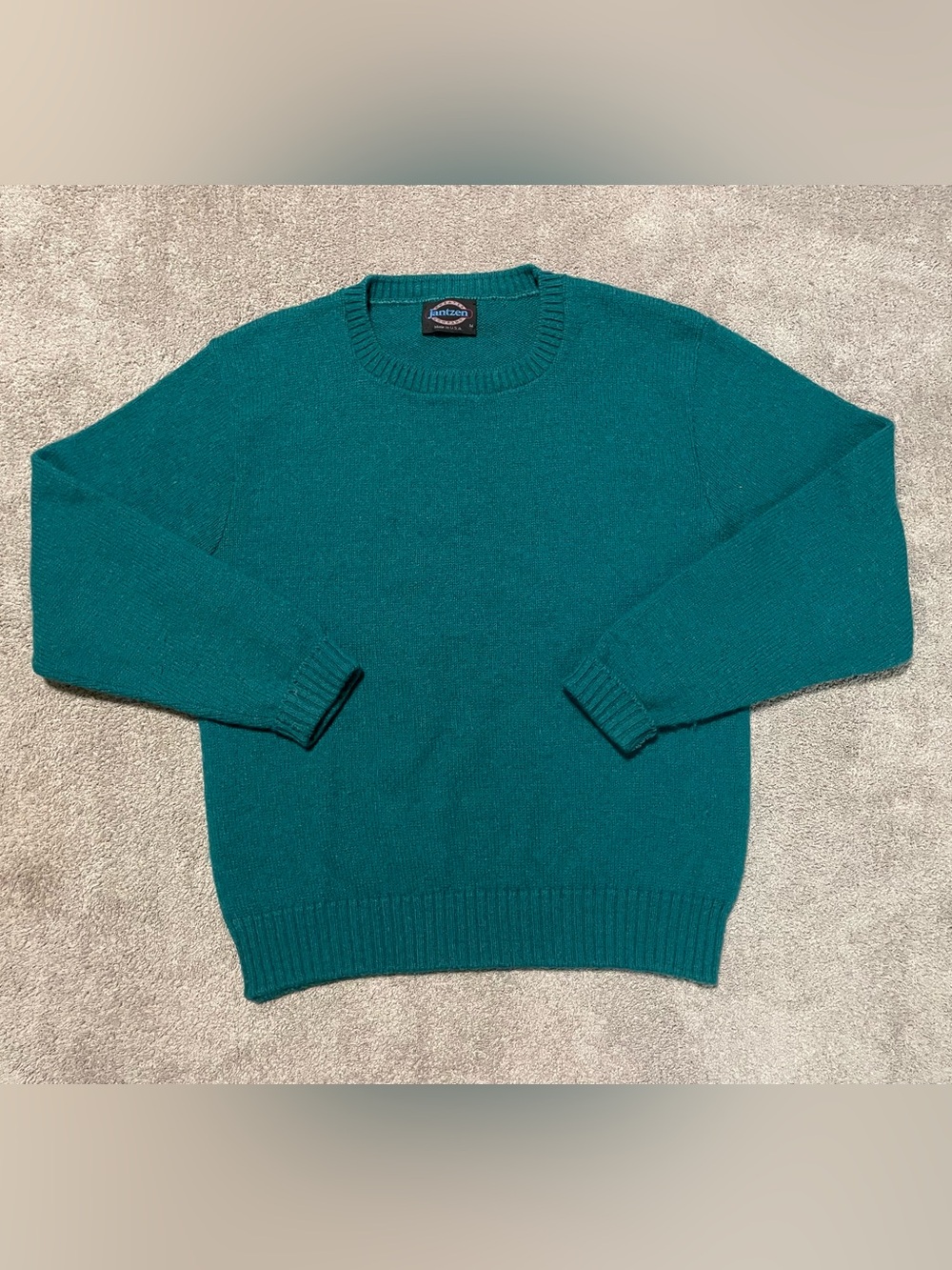 Vintage Jantzen Wool Knit Sweater Mens M Teal USA Made Classic Knit Crew Neck